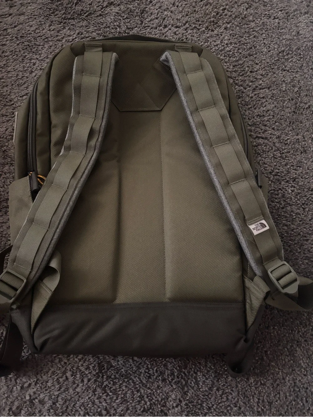 The North Face Olive Backpack with Orange Pulls